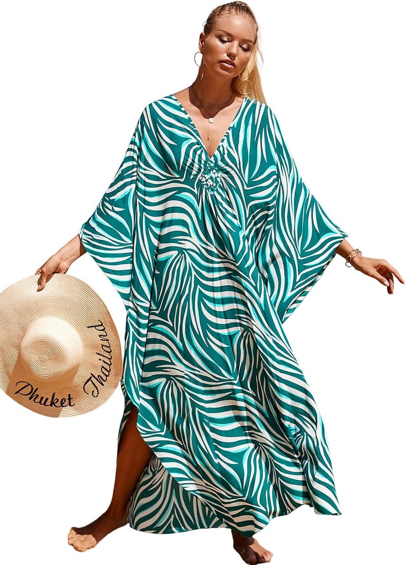 IMAGEKOPE Women's Plus Size Animal Print V-Neck Batwing Kaftan Beach Dress Bathing Suit Cover-Up Loungewear - Image 1